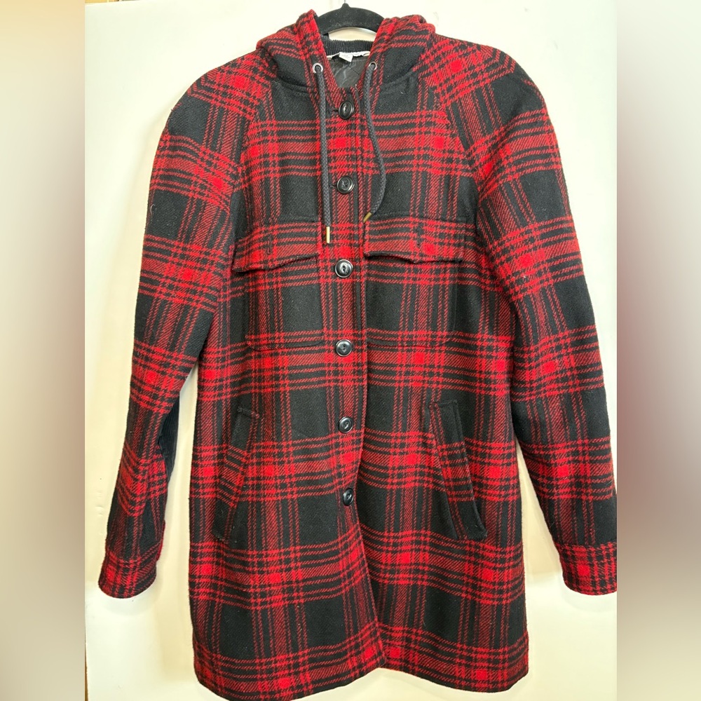 LL Bean Signature Red and Black Plaid Hooded Wool Coat XS